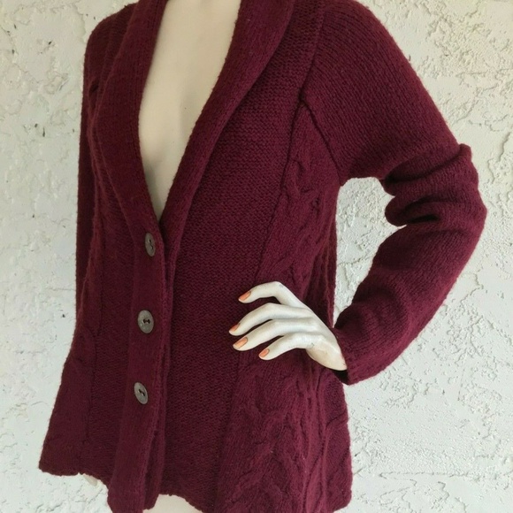 FREE PEOPLE Anthropologie Sweater Burgundy Cable Knit Wool Blend Cardigan - Picture 2 of 6